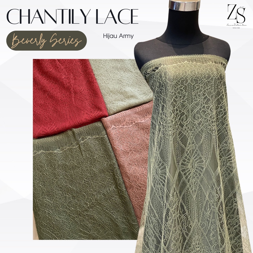 Bahan Kain Kebaya Brokat Brukat Panel Chantily Santily Lace Semi France Semi Prancis Warna Hijau Army