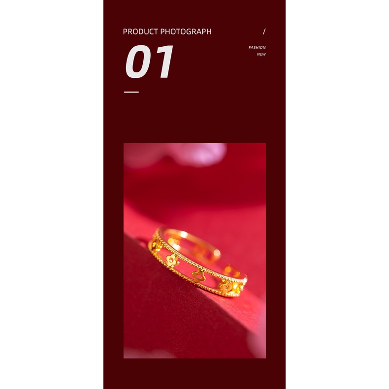 Goldkingdom Perhiasan Fashion Emas Asli Kadar 375 Bangkok Aksesoris Ready Stock Ins Four-leaf Clovers Interlocking Couples with Adjustable Rings Untuk Pria Dan Wanita