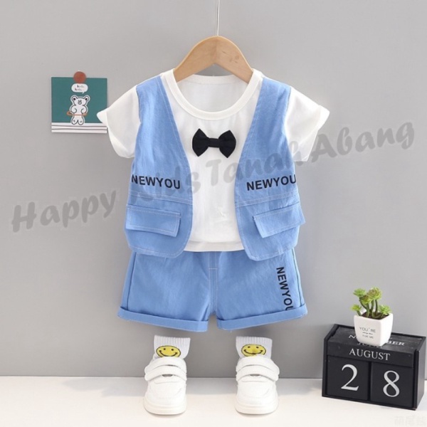 Unik SETELAN BAJU KAOS ROMPI ANAK COWO CEWE LENGAN PENDEK IMPORT KOREA - PKS102-BIRU S Berkualitas