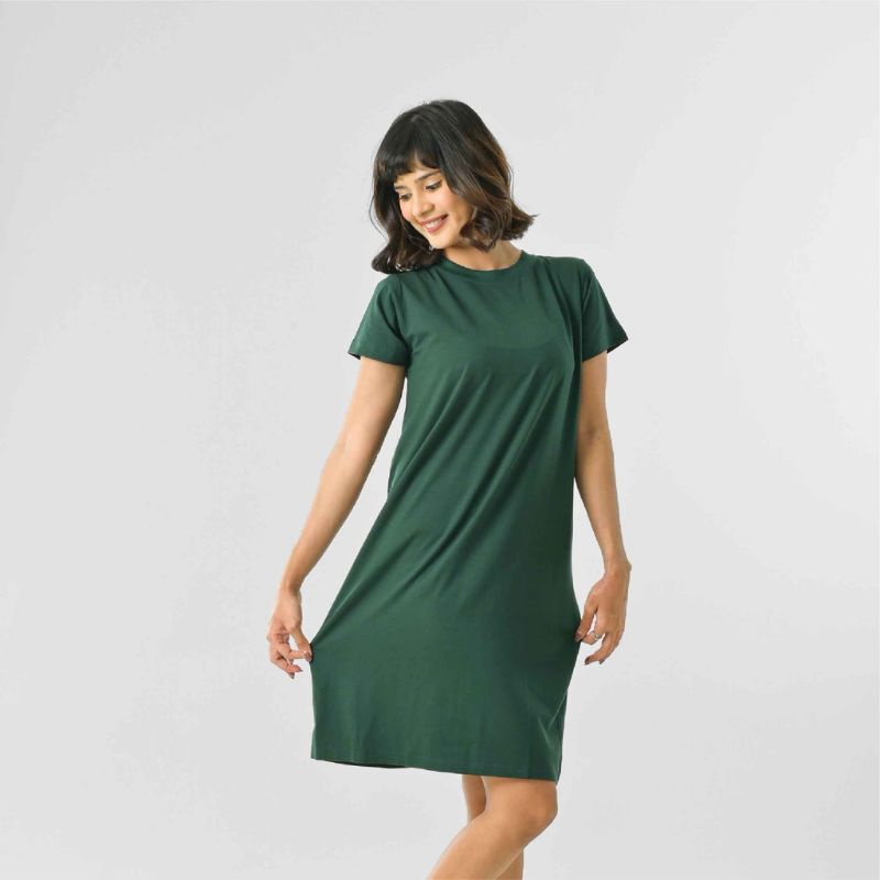 DRESS KAOS POLOS LENGAN PENDEK HIJAU BOTOL WANITA