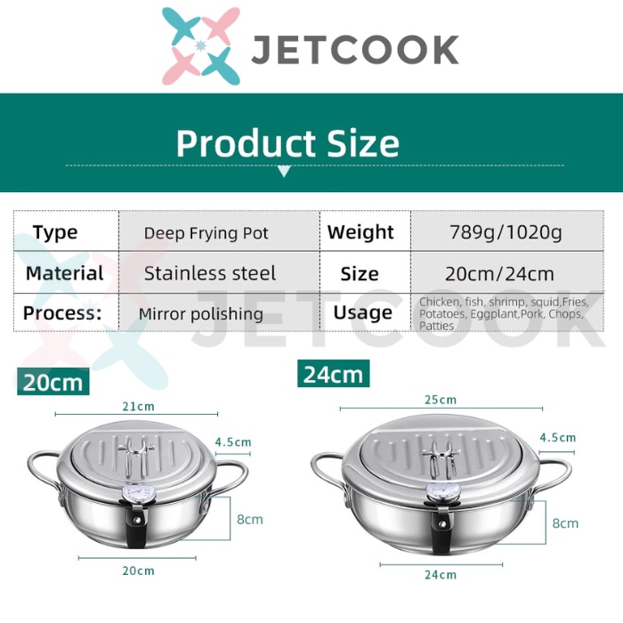 JetCook Panci Rebus Penggorengan Deep Fryer Pot Serbaguna Stainless Steel SUS304 dengan Termometer