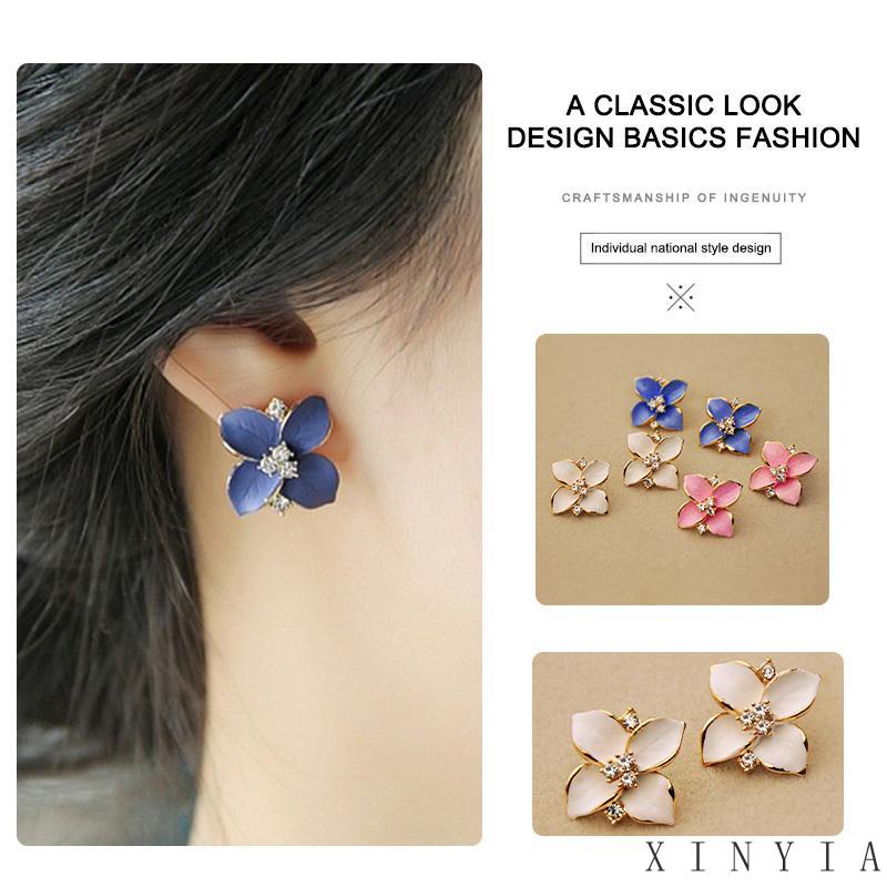 【Bayar di tempat】Four Petal Flower Earrings Diamond Inlay Minyak Menetes Halus Halus Perhiasan