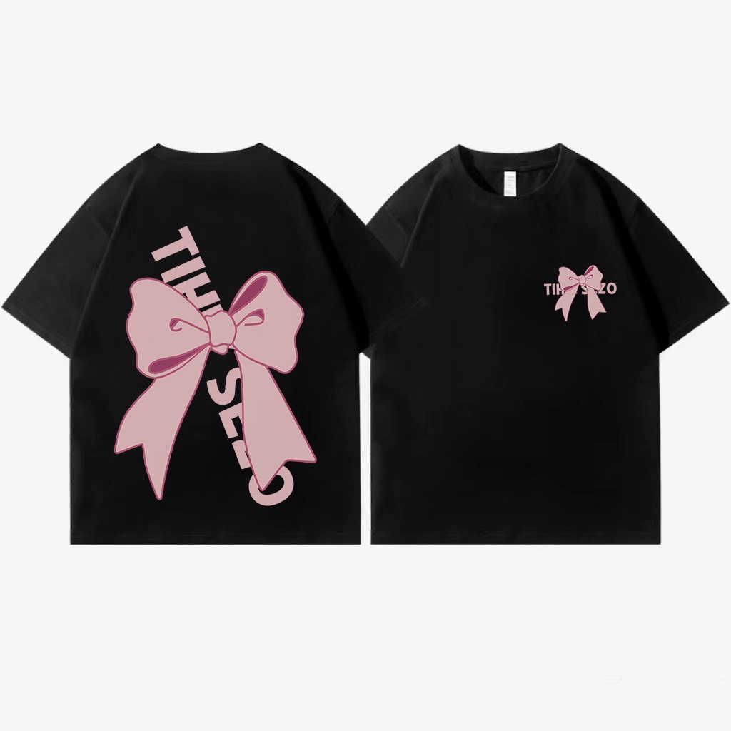 [100%  Katun]Kaos Pink Bow Oversize Kekinian Lengan Pendek Korean Style Printed T-shirt Baju Wanita Hitam