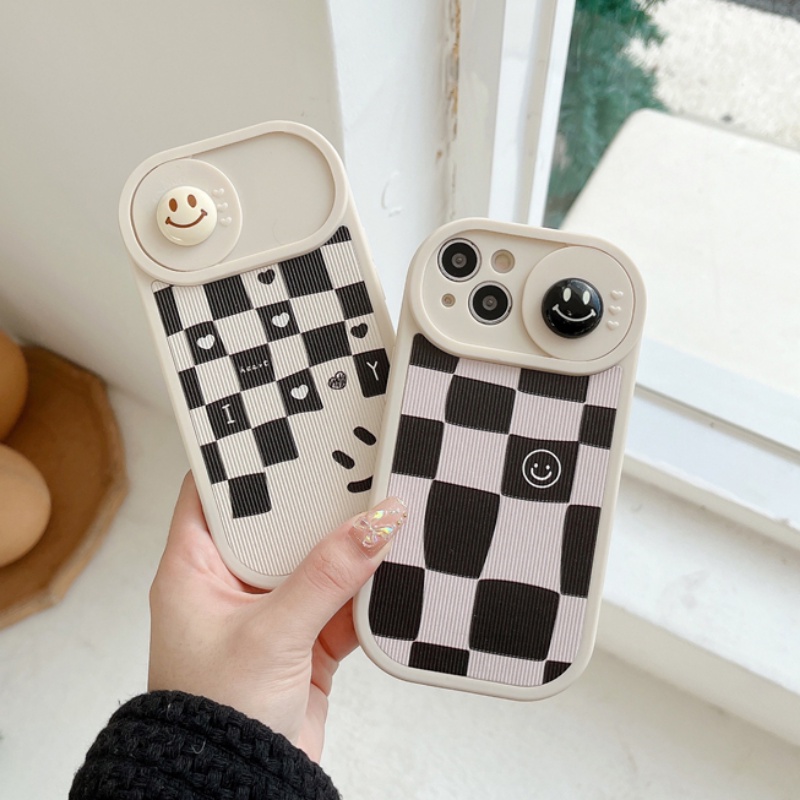 IPHONE Jendela Sliding Hitam Putih Wajah Tersenyum Casing Handphone Untuk Iphone14 13 12 11 Pro Max 14Plus All Inclusive Lensa Kartun Casing Pelindung