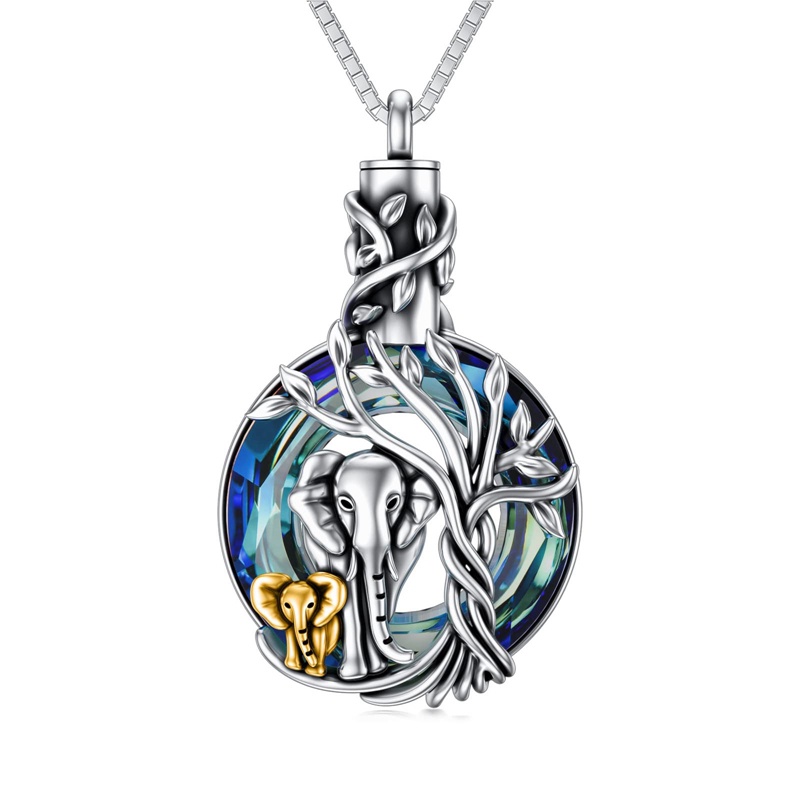 Elephant Urn Necklace For Ashes Sterling Silver Cremation Necklace With Blue Circle Crystal Elephant Cremation Jewelry