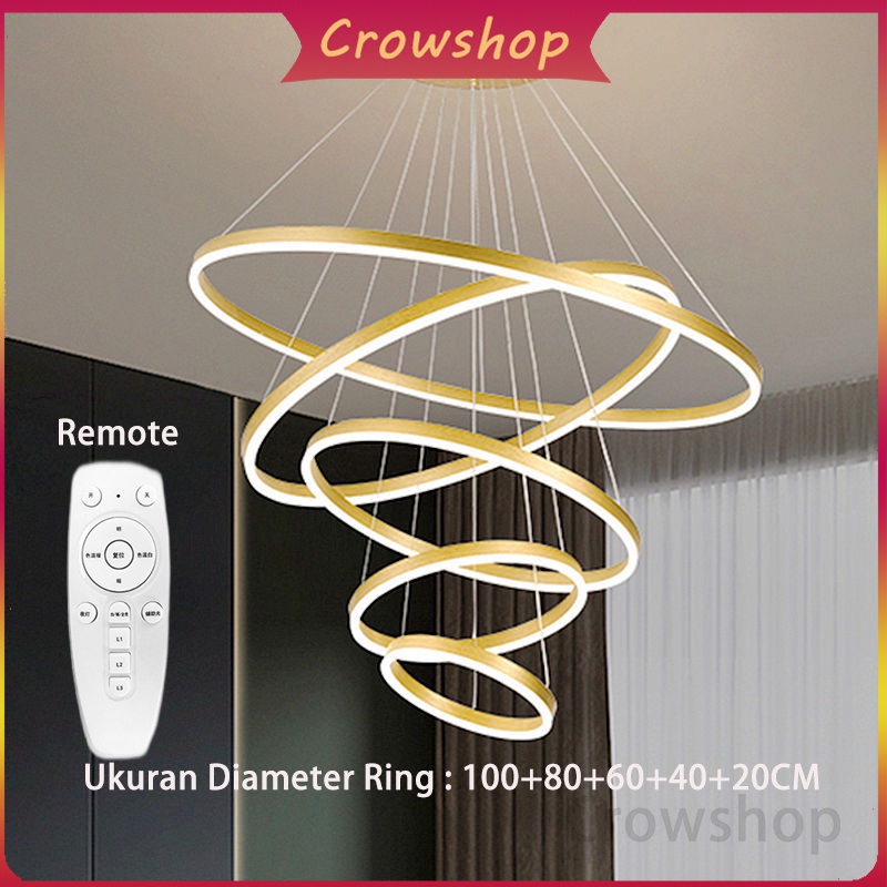 【Garansi 3 bulan】Lampu Gantung Ring LED 5 RING 100cm GOLD Minimalis Modern Ruang Tamu Untuk Kamar Tidur 180W Crowshop