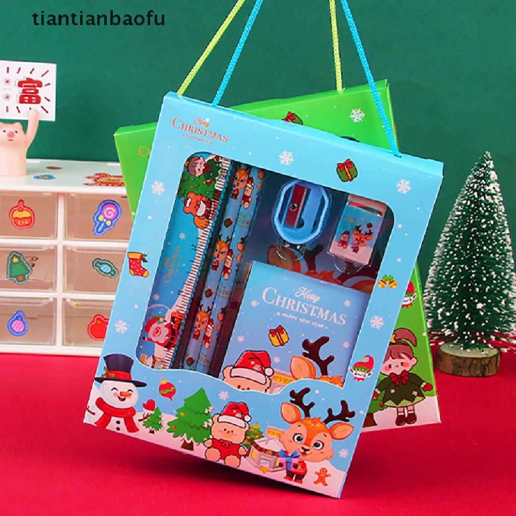 6pcs / Set Pensil + Penghapus + Penggaris + Serutan + Rautan + Rautan Motif Natal Untuk Stationery Anak / Sekolah / Kantor