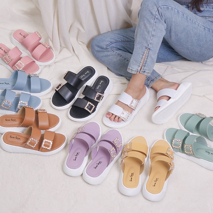 SARASARA YUK - Sandal Wanita Slop Casual Model Birken Sol Puyuh SARA SARA JOA ALL COLOR Sendal Cewek Kulit Santai Strap Gesper dua Empuk Size 36 37 38 39 40 Warna Black Hitam Selop Anti Slip Premium Original Terbaru Shoes ORI Mall Official Store