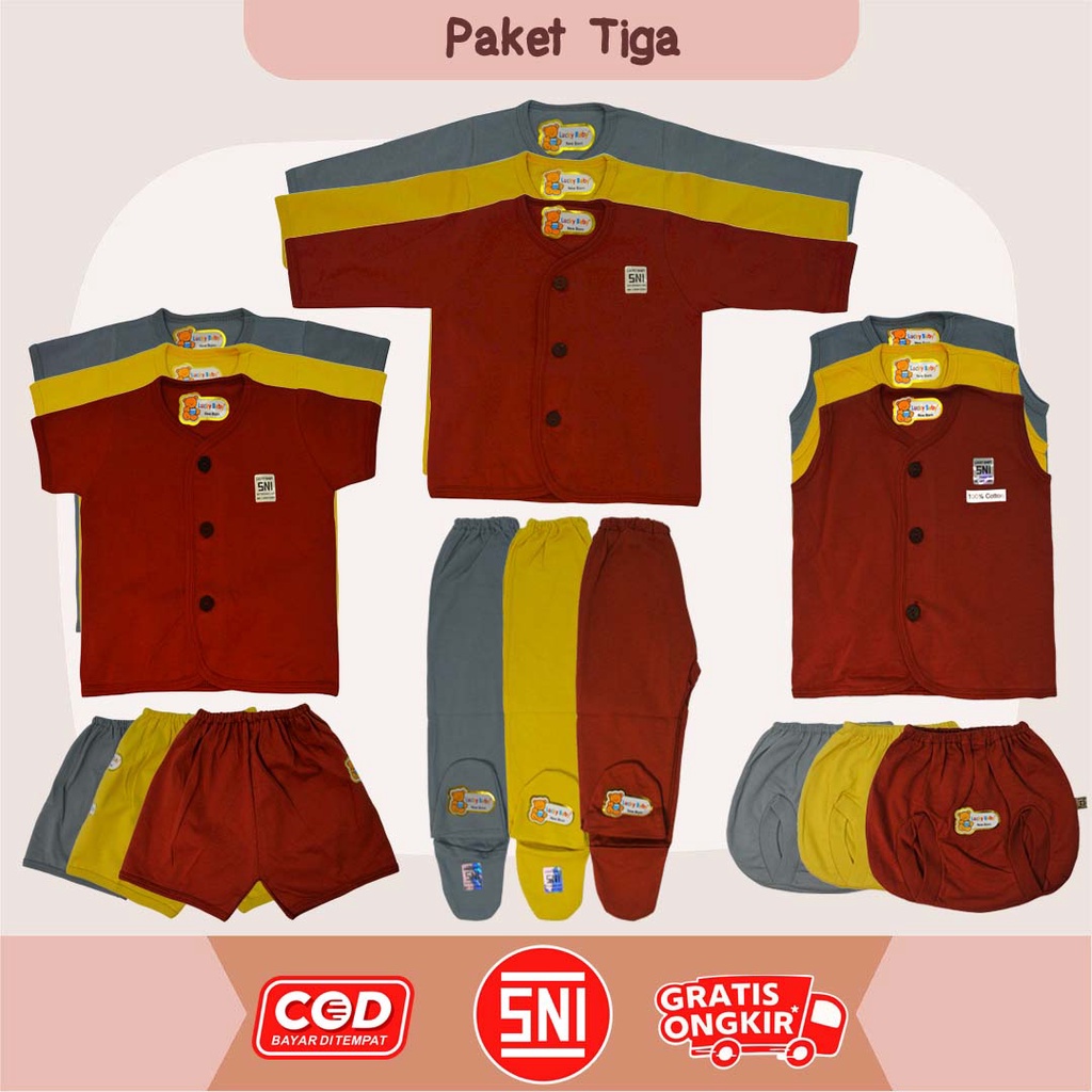 18 PCS PAKET HEMAT LAHIRAN SETELAN BAJU BAYI LUCKY BABY POLOS SERIES