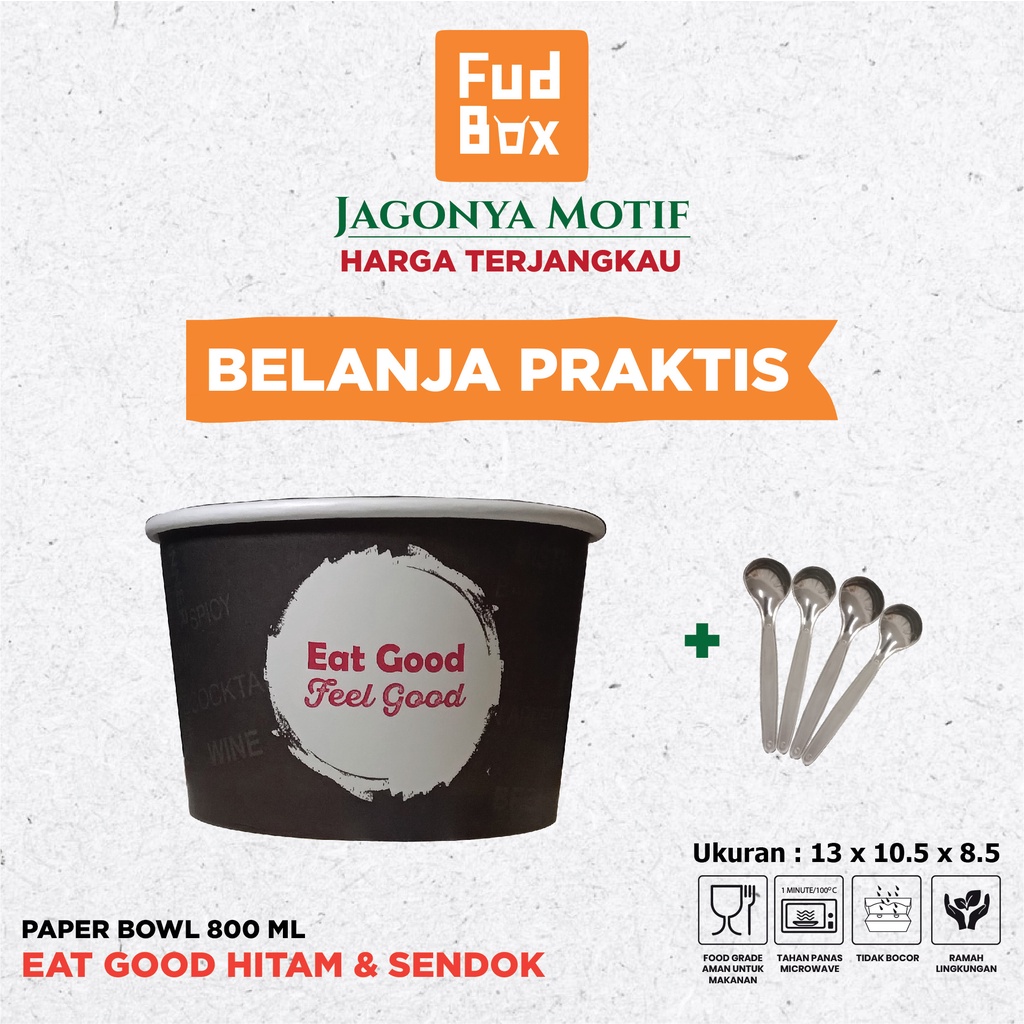 Paper Bowl 800 ml + Tutup | Paper Rice Bowl Mangkok Kertas Motif Eat Good