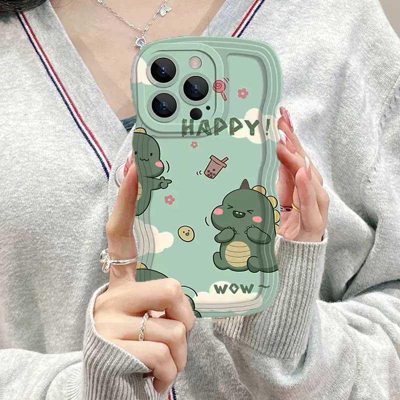 Realme 10 C33 C30 C31 C35 C21Y C25Y C21 Realme C11 C25 C17 C15 C12 C3 C2 Realme 8i 7i 5 5i 6i 7 Pro Kartun Dinosaurus Tepi Gelombang TPU Phone Case Cover