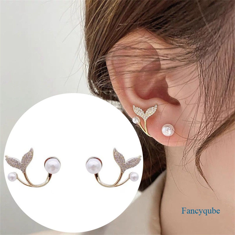 Fancyqube Korea Baru Cahaya Mewah Zirkon Fishtail Pearl Stud Earrings Untuk Wanita Fashion Kristal Imitasi Mutiara Manis Anting-Anting Gadis Perhiasan