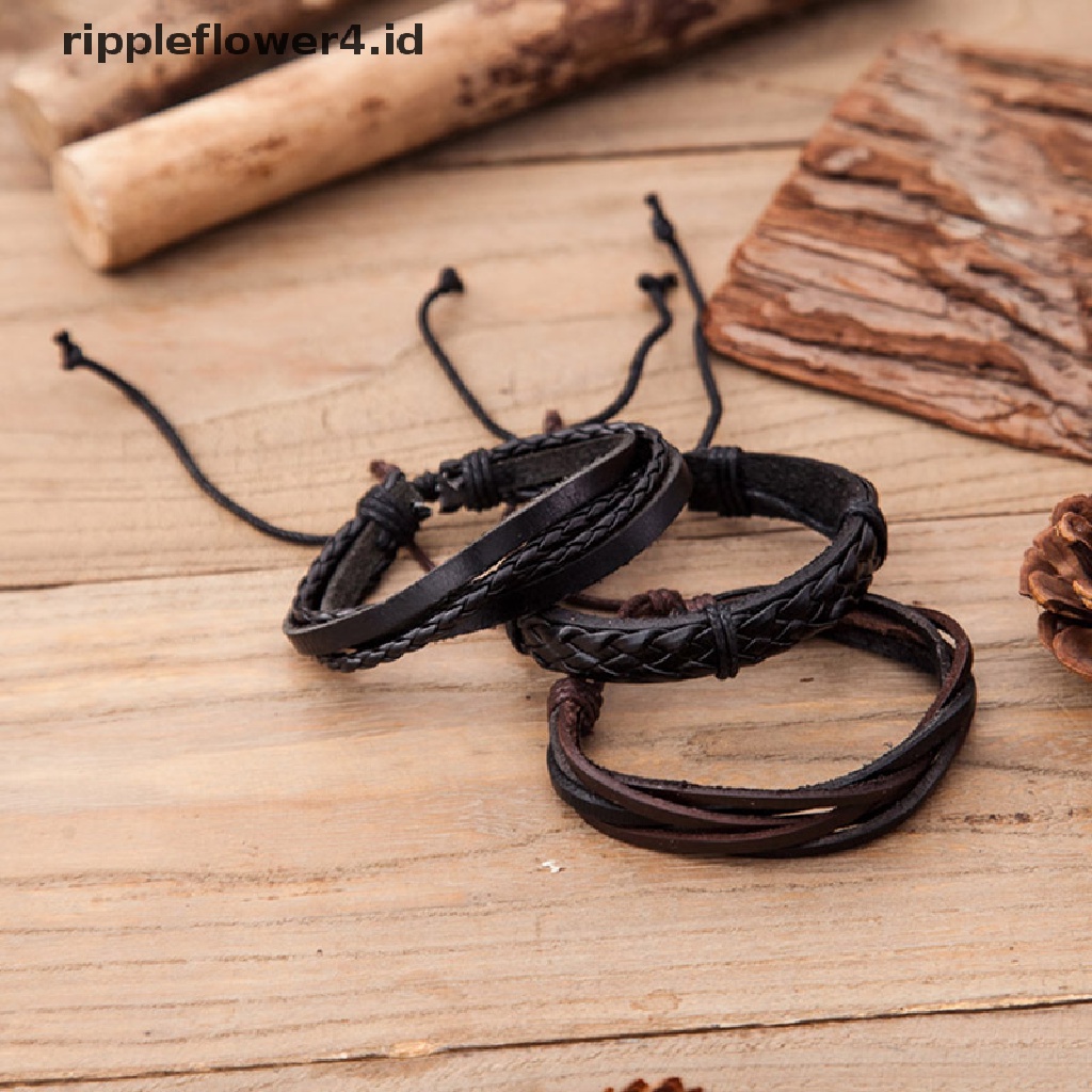 {rippleflower4.id} 6pcs/set Vintage Pria Gelang Multilayer Tali Kulit Wax Rope Braided Bracelet~