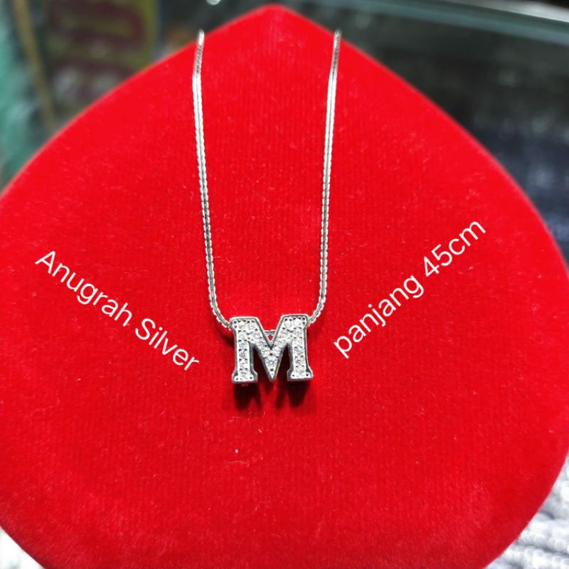 Kalung wanita italy Santa+liontin tusuk huruf (M) 45cm remaja &amp; dewasa perak asli 925 mata diamond putih kilau/Silver lapisan emas putih murni!!!