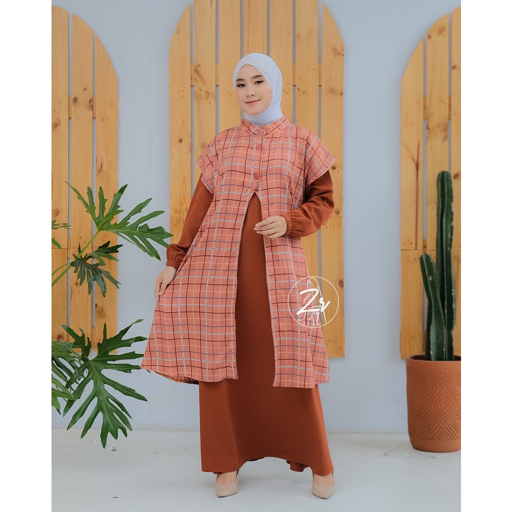 Gamis set outer klarissa ori zr lebaran series motif kotak kotak cantik elegant korea style