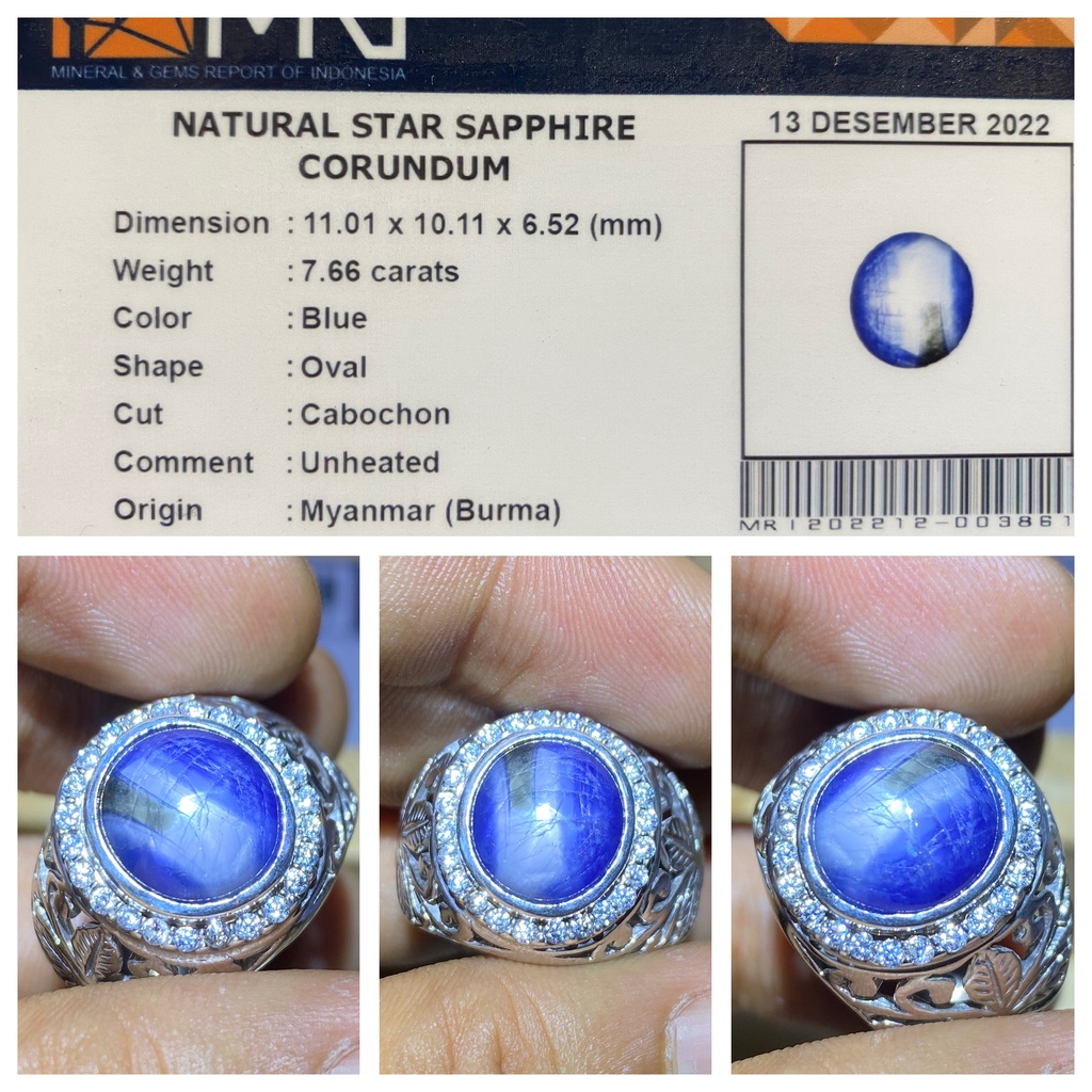 Natural 7.66ct Star Blue Sapphire Myanmar Burma Ring Perak