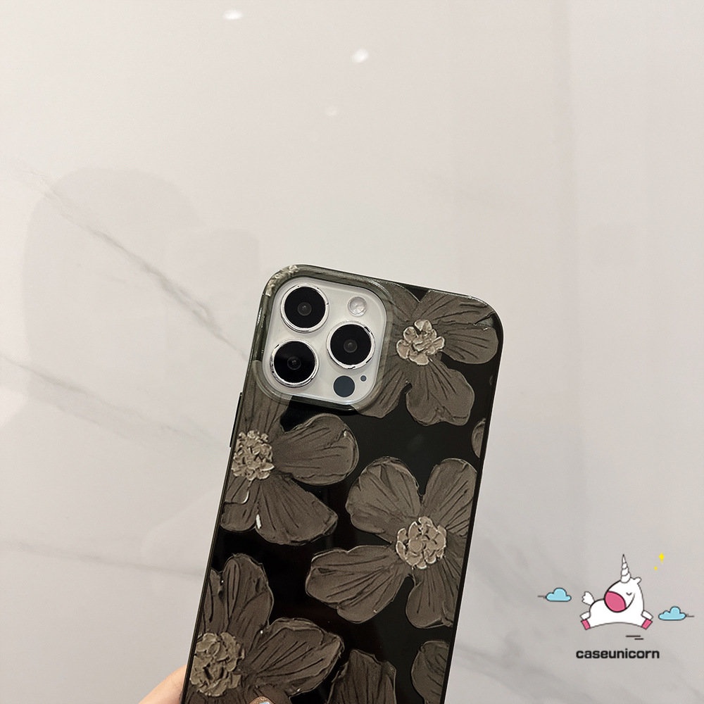 IPHONE Casing Case Ponsel Glossy Kompatibel Untuk Iphone14 13 11 12 Pro Max 7Plus 8Plus XR 78 14 Plus X XS Max SE 2020retro Lukisan Cat Minyak Bunga Halus Lembut Tpu Hitam Penutup Belakang