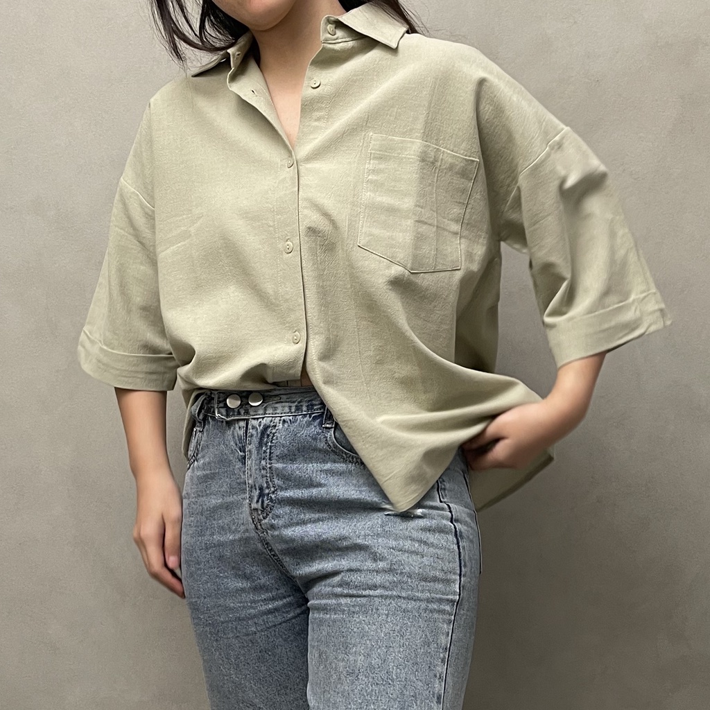 Jual Kemeja Linen Single Pocket Oversized Shirt Linen Atasan Wanita