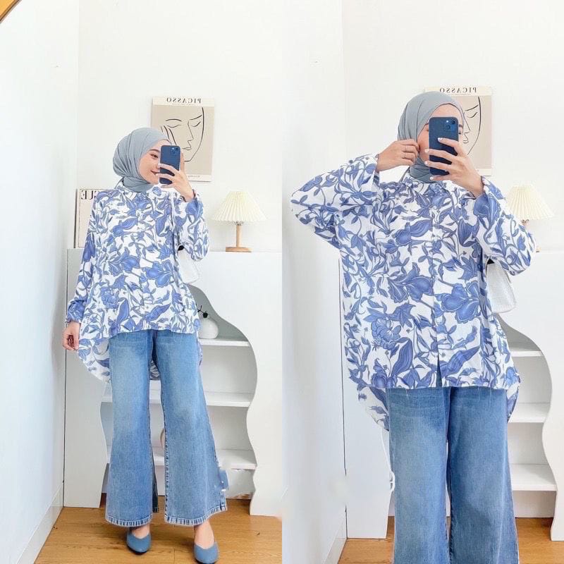 Oversize Atasan Kemeja Jumbo Wanita Lengan Balon Karet Bahan Rayon Viscose