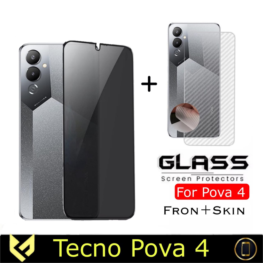 (PROMO PAKET 2IN1) TECNO POVA 4 Anti Gores Layar Free Skin Carbon Pleindung Body Belakang Handphone