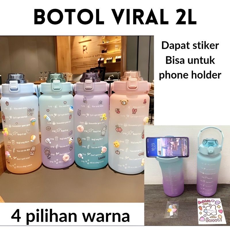 Botol Air Minum VIRAL ORIGINAL 1 LITER Gradasi / Botol Motivasi Free Sticker 3D &amp; 2D + Sedotan Tali / Packing Xtra Aman