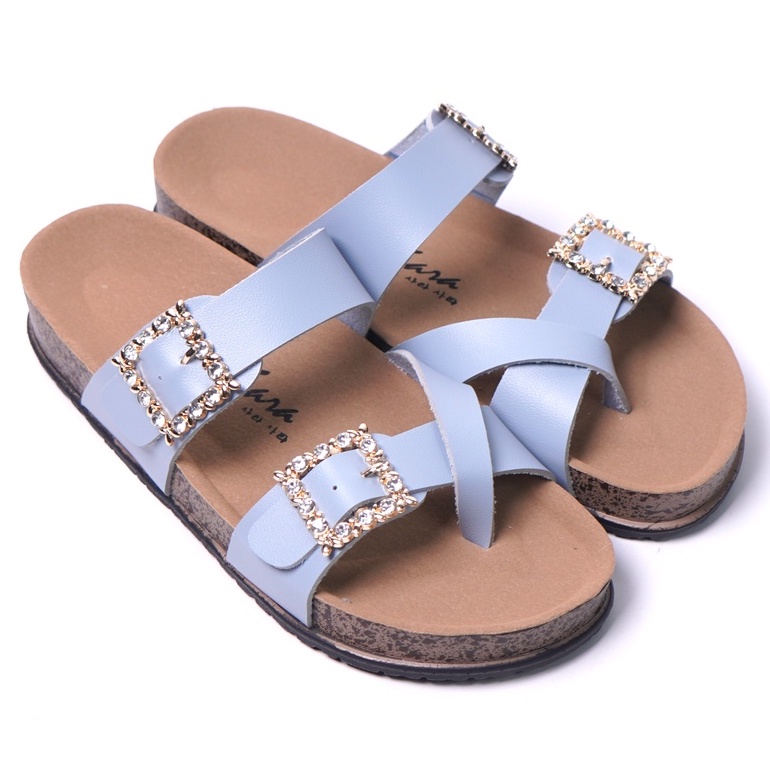 SARASARA YUK - Sandal Wanita Slop Casual Model Birken Sol Puyuh SARA SARA KIARRA Sendal Selop Cewek Kulit Santai Strap Gesper Ban dua Empuk Size 36 37 38 39 40 Warna Biru Blue Dongker Anti Slip Premium Original Kekinian Terbaru Shoes ORI Mall Official Sto