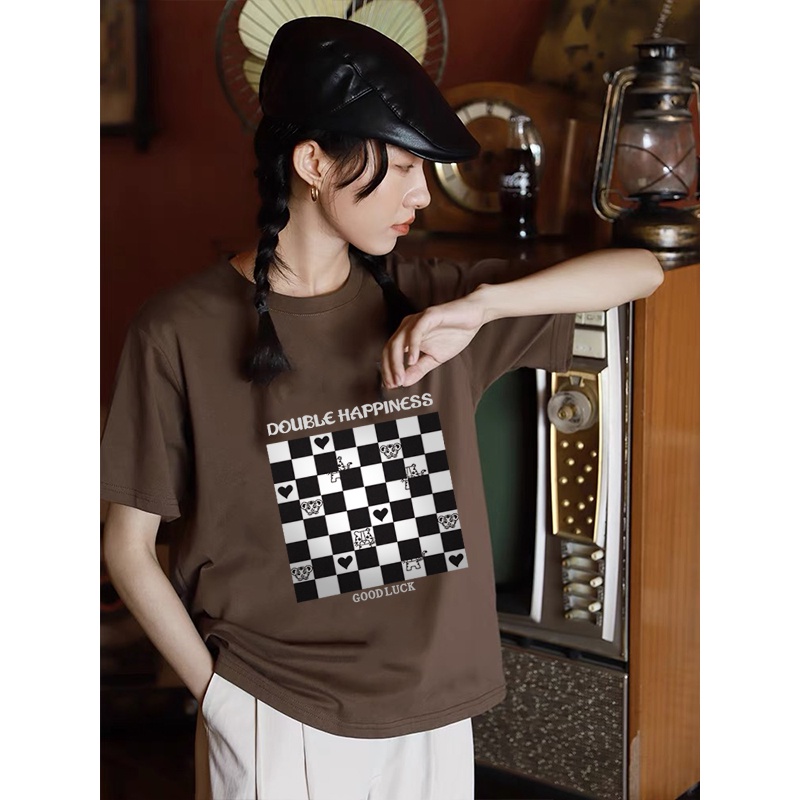 [100%  Katun]Vintage Kaos Lengan Pendek Cream Atasan Wanita Oversize Car Printed T-shirt Kekinian Korean Style ootd/baju kaos wanita jumbo