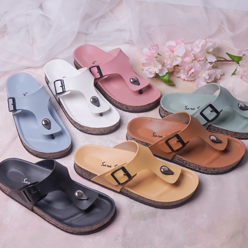 SARASARA YUK - LEONY Sandal Wanita Jepit Casual Size 36 - 40 Model Birken Sol Puyuh Sara Sara Sendal Cewek Rumahan Bahan Kulit Santai Strap Gesper Empuk 37 38 39 Warna Green Hijau Japit Anti Slip Premium Original Terbaru Shoes ORI Mall Official Store