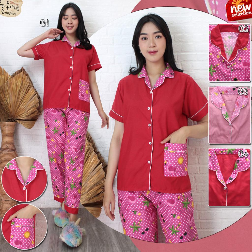 Piyama Wanita Baju Tidur Kombinasi Combi Motif Trendy Lengan Panjang Pendek