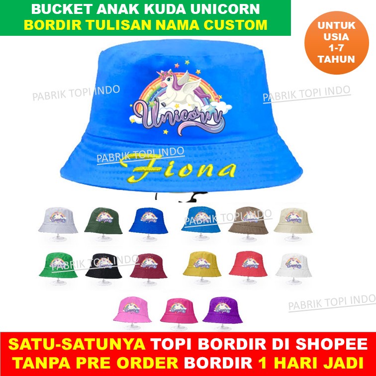 Bucket Anak Unicorn Topi Anak Kuda Tanduk Custom Bordir Nama Umur 1 - 7 Tahun