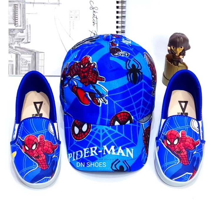 Paket Sepatu Anak Laki laki Topi Anak Paket Slip On Topi Pet Anak Laki Murah Karakter Spider-Man Biru