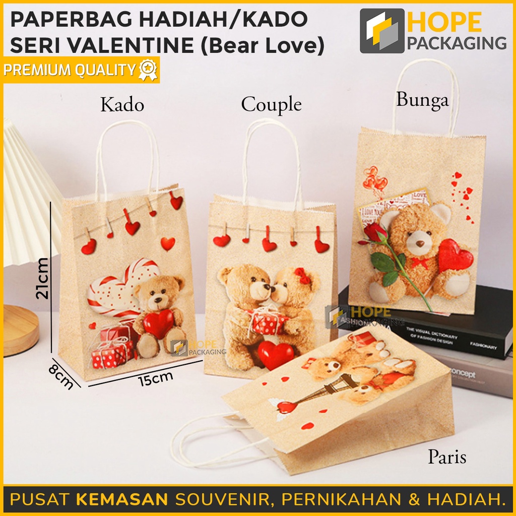 

[Harga / 3 Pcs] Paper Bag Brown Bear / Tas Kado Goodie Bag Motif Bear Love / Tas Kertas / Paper Gift Size 21x15x8 cm