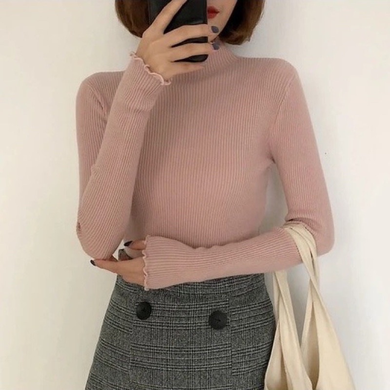 Atasan Rajut Wanita Turtleneck - Inner Kerah Tinggi Lengan Panjang (COD) - Rajut Turtleneck Kriwil Full Neci