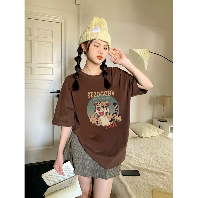 Kaos Couple Oversize Kekinian Vintage Letter Tiger Cartoon Pattern Printing Lengan Pendek T-shirt Baju Wanita Hitam/kaos polos