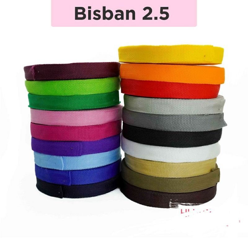 tali bisban warna/ plipit kain/webbing PP ukuran 2, 5 cm  1 rol ( 27 meter)