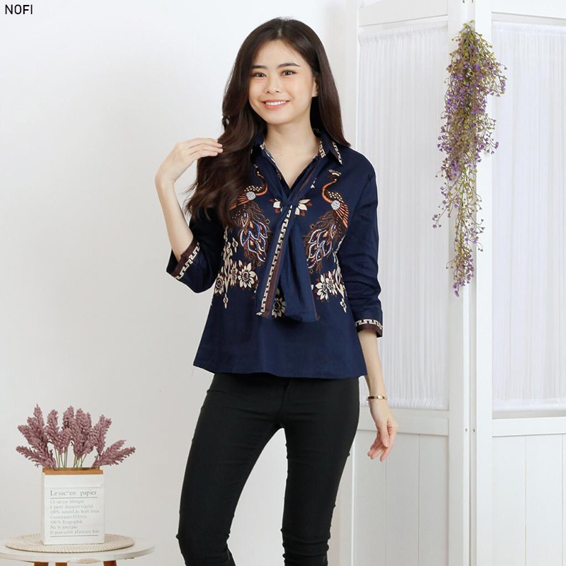 Evercloth Nofi Blouse Wanita Atasan Wanita Batik Couple Top Couple Batik Kemeja Dasi