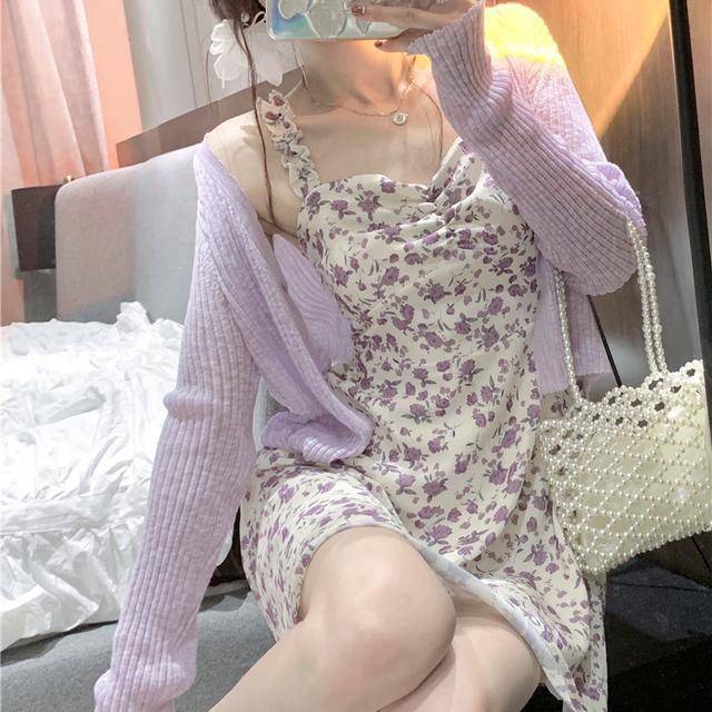 Suhao setelan one-piece untuk violet ~ kardigan tabir surya sutra es + gaun ramping sifon selempang bunga untuk wanita