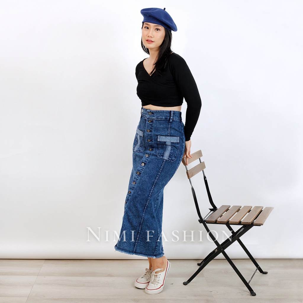 NIMI - Rok Jeans Stretch Panjang Wanita Rok Jeans Highwaist Premium