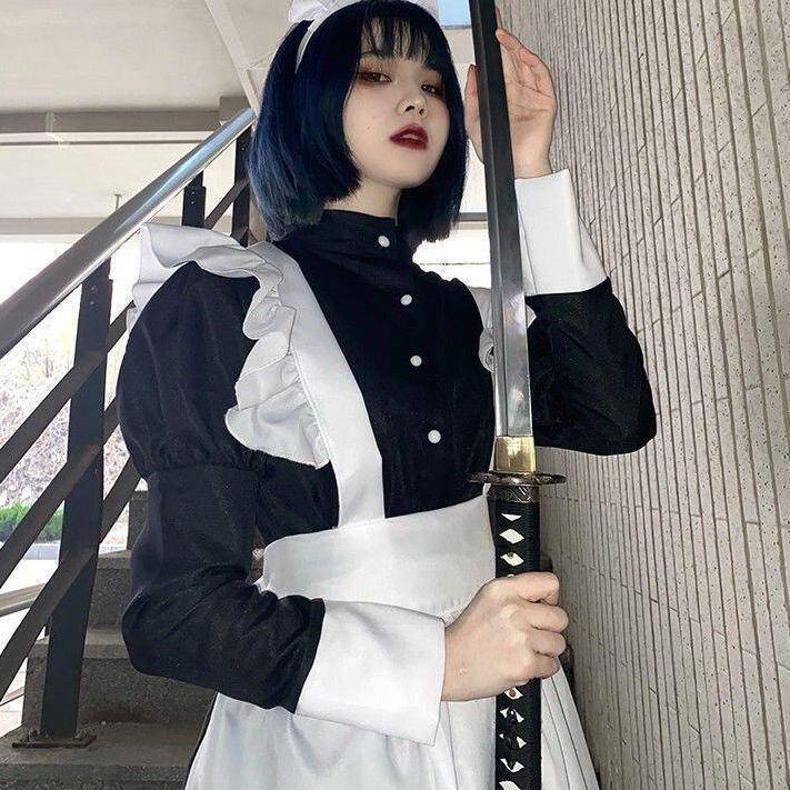 [116] 【Wetrose】Pria Wanita Memakai Cosplay Lucu Jepang Lolita Anime Pembantu Loli Hitam Panjang Gaun