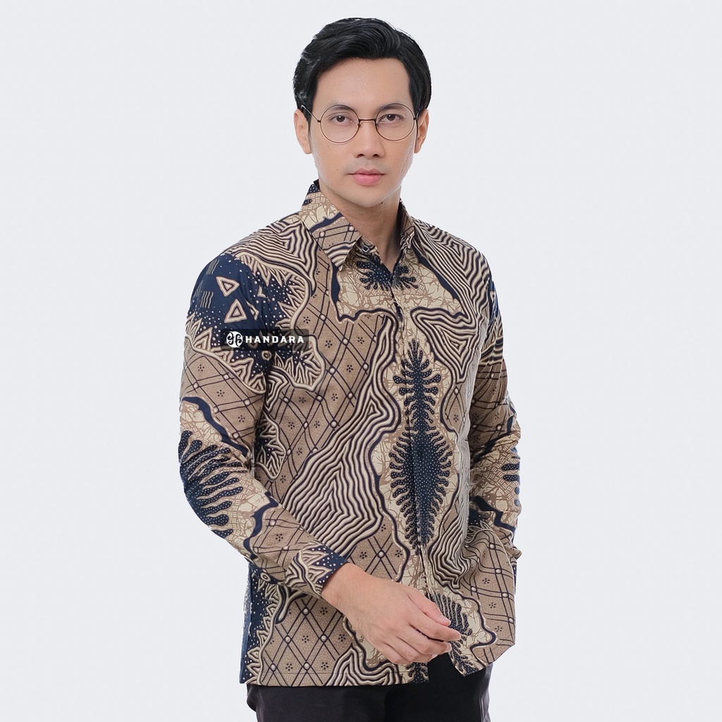 Baju Kemeja Batik Pria Lengan Panjang Slim Fit Premium Modern Full Furing Katun Halus Original Handara Motif Sumitro Krem Biru Navy HB-294