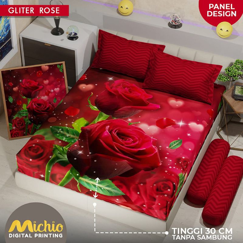 (NEW) MICHIO - Bisa COD Sprei Single Queen King Set 120 160 180 120x200 160x200 180x200  No 3 Tinggi 30 30cm T30 Motif FLORA BUNGA MAWAR MERAH GLITER RED ROSE ROSES