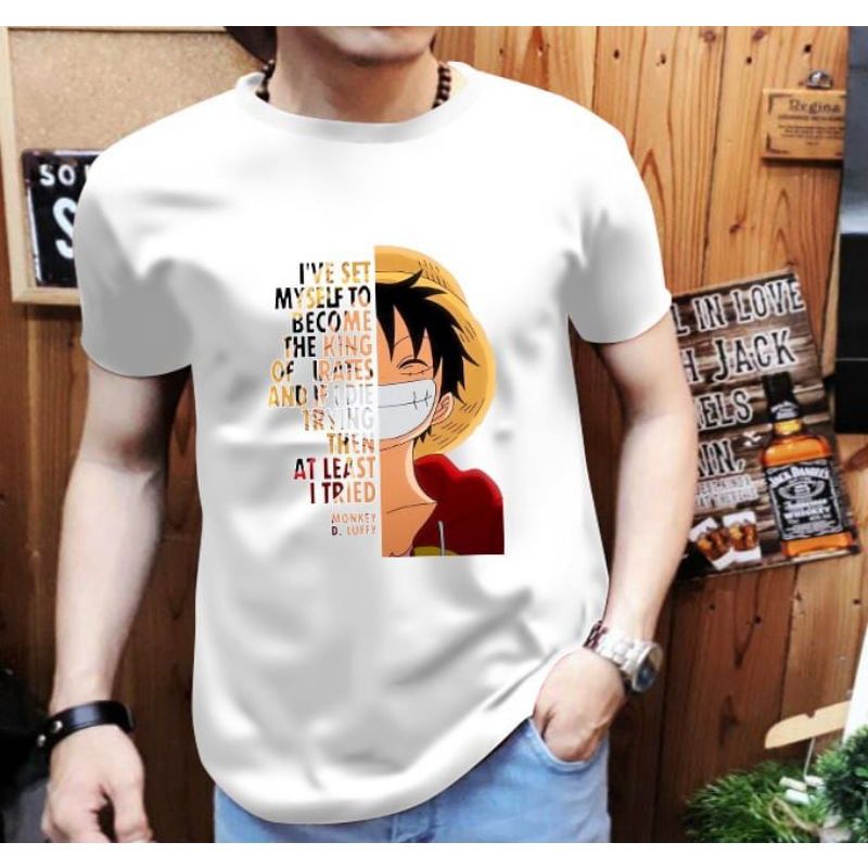 Kaos Distro Pria Dewasa Baju Cowok Anime Monkey D Luffy T-Shirt Pria Atasan lengan Pendek