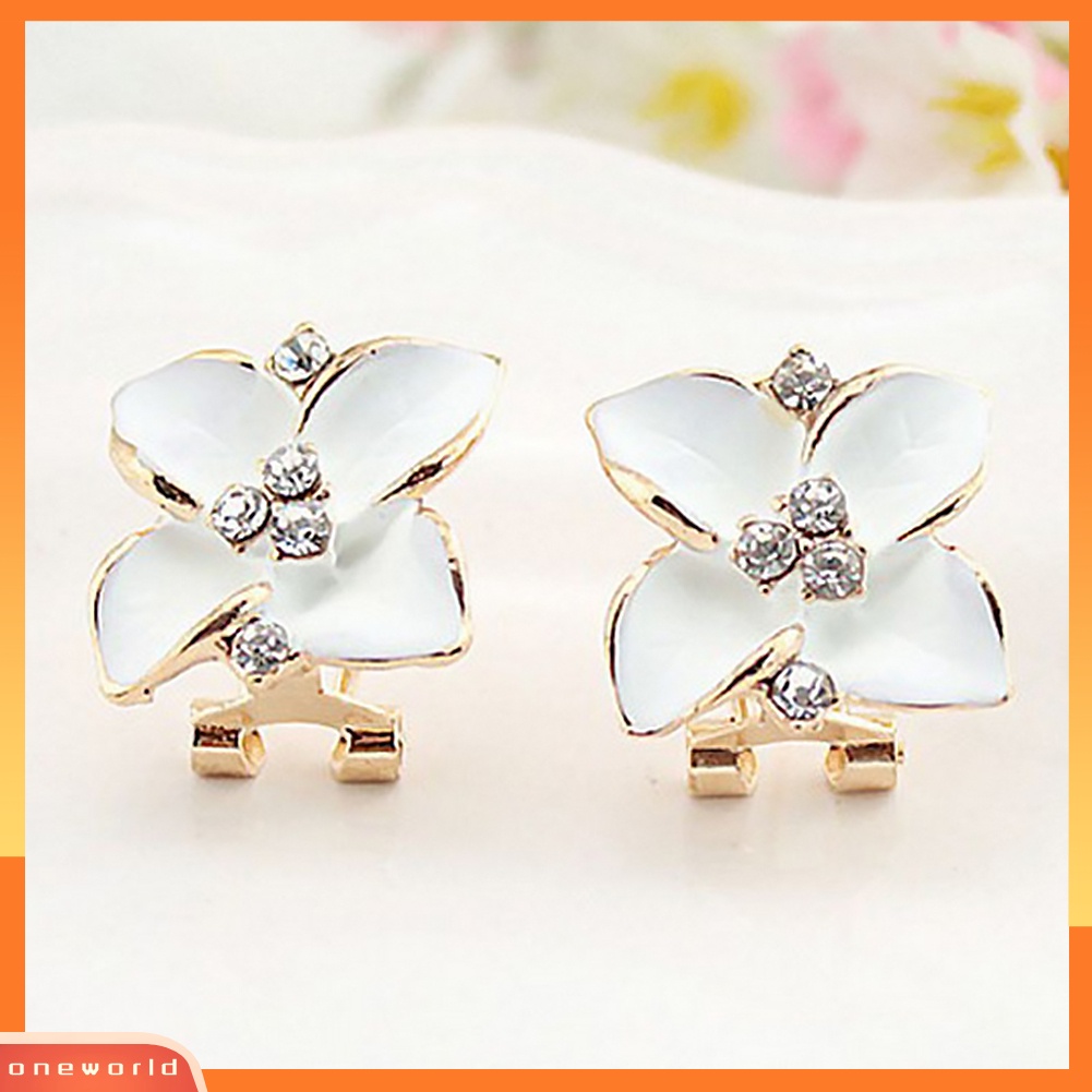 OW@ Women Rhinestone Inlaid Enamel Clover Shape Stud Earrings Party Jewelry Gift