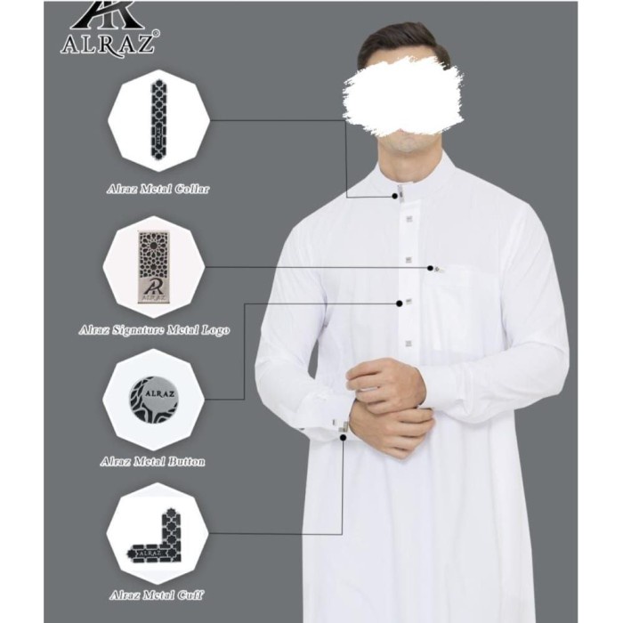 {FamilyStore} Jubah / Gamis Haramain Saudi Alraz - Al Raz Kombinasi Manset Pria Noor - Putih 52l Dis