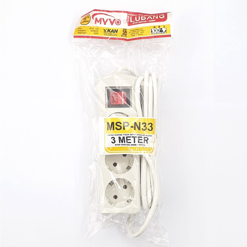 MSP-N33 3M 3L Myvo Stop Kontak Arde Saklar Lampu Kabel 3 Meter 3 Lubang / Colokan Listrik