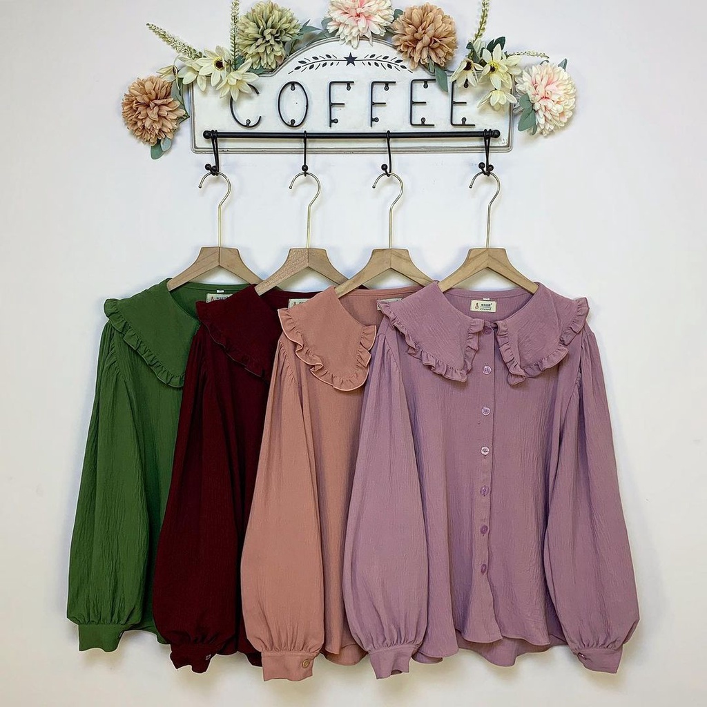 Kemeja Ruffle Neck Bahan Crinkle Airflow