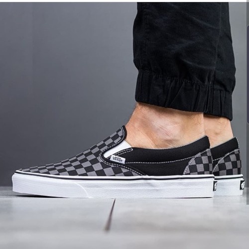 Sepatu Vans Slip On Sol Checkerboard Grey Black White Abu Hitam Putih Motif Kotak Catur Sekolah Kerja Kuliah hangout Keren Santai Murah