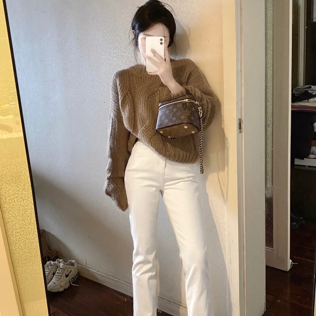 Suhao Khaki Sweater Jeans Two-Piece Set Musim Gugur dan Musim Dingin Kecil Wangi Gaya Temperamen Wanita Rasa Tinggi Gaun Kecil one-Piece Set