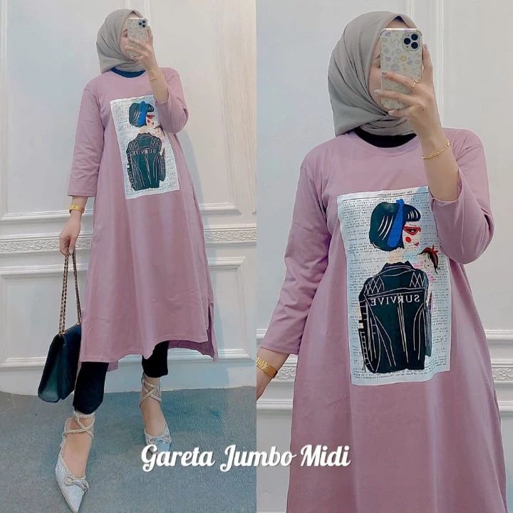 Baju Gamis Terbaru Jumbo Gareta Midi Dress Size S M L XL XXL XXXL LD 90-130 CM Bahan Kaos Katun Comb