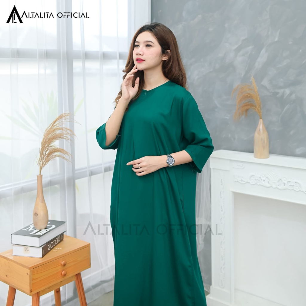 Altalita - Daster Rayon Lengan Tangan 3/4 Polos Longdress Busui Panjang Semata Kaki Polos Home Dress Lengan Panjang Bahan Katun Adem Tebal Premium Jumbo LD 120